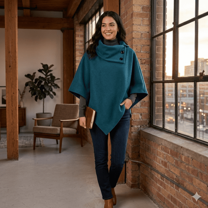 Poncho cape bleu pétrole